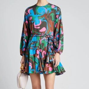RHODE Ella Printed Poplin Belted Paint Swirl Ruffle Hem Mini Dress